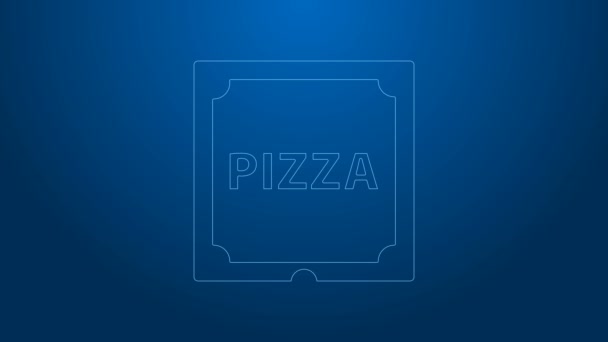 Línea blanca Pizza en caja de cartón icono aislado sobre fondo azul. Caja con elementos de diseño. Animación gráfica de vídeo 4K — Vídeos de Stock