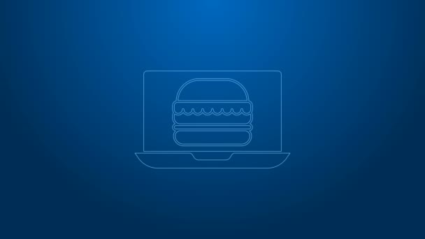 Biała linia Zamawianie online i ikona dostawy burger izolowane na niebieskim tle. 4K Animacja graficzna ruchu wideo — Wideo stockowe
