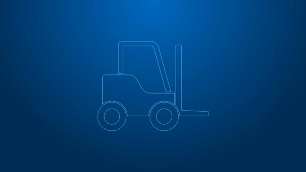 White line Forklift truck icon isolated on blue background. Fork loader and cardboard box. Cargo delivery, shipping, transportation. 4K Video motion graphic animation — Stock Video