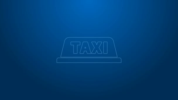 Línea blanca Taxi icono del techo del coche aislado sobre fondo azul. Animación gráfica de vídeo 4K — Vídeo de stock