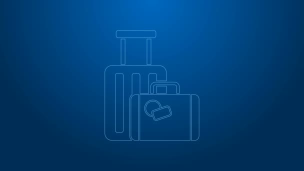 Witte lijn Koffer voor reizen pictogram geïsoleerd op blauwe achtergrond. Reisbagagebord. Reisbagage icoon. 4K Video motion grafische animatie — Stockvideo