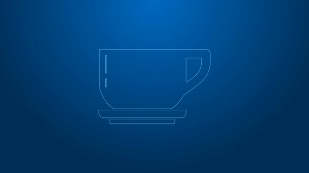 Biała linia Kawa filiżanka ikona izolowane na niebieskim tle. Filiżanka. Gorąca kawa. 4K Animacja graficzna ruchu wideo — Wideo stockowe