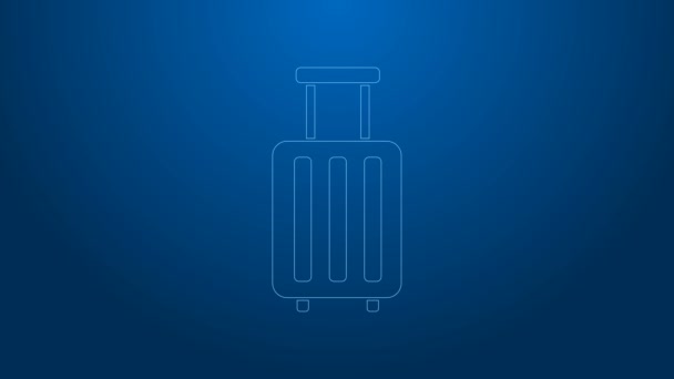 White line Suitcase for travel icon isolated on blue background. Traveling baggage sign. Travel luggage icon. 4K Video motion graphic animation — Stock Video