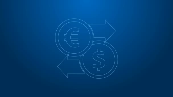 Witte lijn Geld wisselen pictogram geïsoleerd op blauwe achtergrond. Euro en Dollar cash transfer symbool. Bancaire munt teken. 4K Video motion grafische animatie — Stockvideo