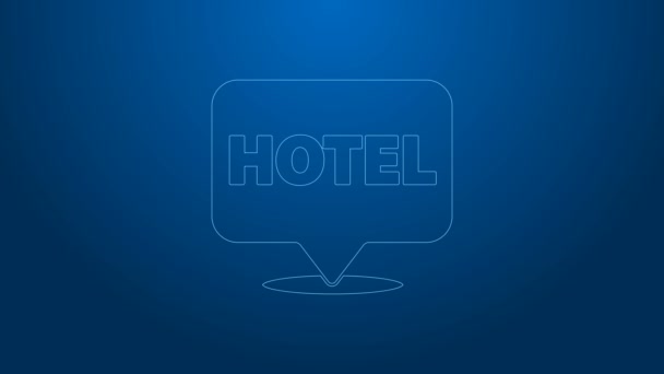 Weiße Linie Lage Hotel-Symbol isoliert auf blauem Hintergrund. Konzeptsymbol für Hotel, Hostel, Reisen, Wohnungsmieten, Immobilien. 4K Video Motion Grafik Animation — Stockvideo