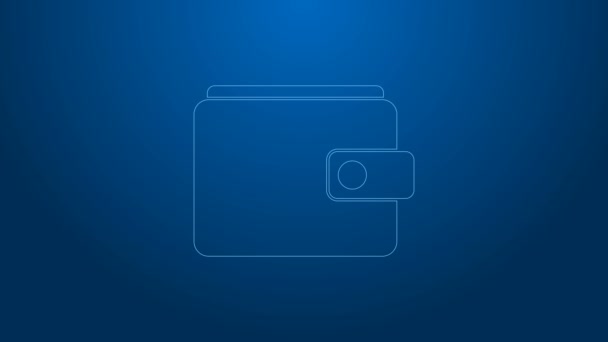 Witte lijn Wallet pictogram geïsoleerd op blauwe achtergrond. Een portemonnee icoon. Cash spaarsymbool. 4K Video motion grafische animatie — Stockvideo