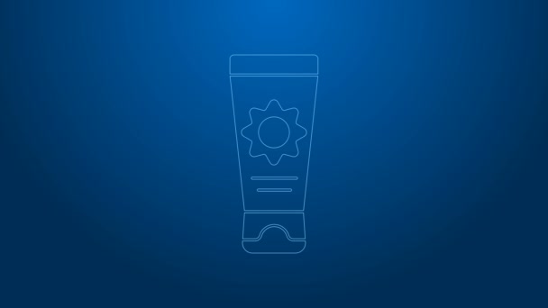 White line Sunscreen cream in tube icon isolated on blue background. Protection for the skin from solar ultraviolet light. 4K Video motion graphic animation — Stock Video