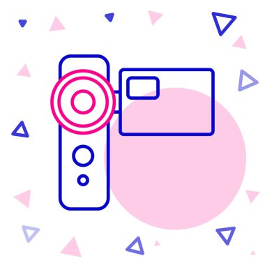 Çizgi sinema kamerası simgesi beyaz arkaplanda izole edildi. Video kamera. Film tabelası. Film projektörü. Renkli taslak konsepti. Vektör İllüstrasyonu.