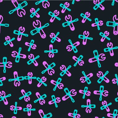 Çizgi Tornavida ve İngiliz anahtarı anahtar araçları simgesi siyah arkaplanda izole edilmiş pürüzsüz desen. Servis aracı sembolü. Vektör İllüstrasyonu.