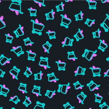 Çizgi alışveriş arabası ve yiyecek ikonu siyah arka planda izole edilmiş kusursuz desen. Yiyecek dükkanı, süpermarket. Vektör İllüstrasyonu.