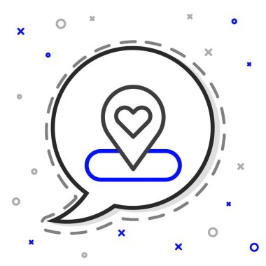 Beyaz arkaplanda kalp simgesi olan çizgi haritası işaretçisi. Sevgililer Günü. Aşk yeri. Romantik harita iğnesi. Renkli taslak konsepti. Vektör.