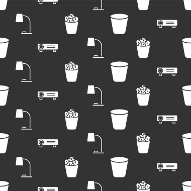 Çöp tenekesini, Film 'i, medya projektörünü, masa lambasını ve Full çöp tenekesini pürüzsüz desene ayarlayın. Vektör.