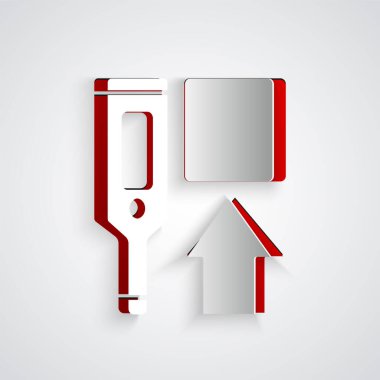 Tıbbi muayene ikonu için kağıt kesilmiş dijital termometre gri arka planda izole edilmiş. Kağıt sanatı tarzı. Vektör.