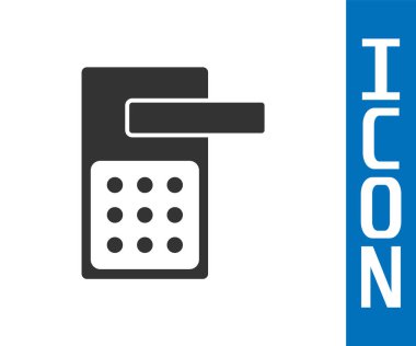 Beyaz arka planda izole edilmiş ikonu açmak için kablosuz teknolojiye sahip gri dijital kapı kilidi. Kapı kolu tabelası. Güvenlik akıllı ev. Vektör.