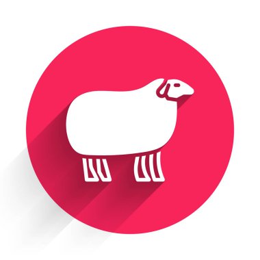 Beyaz Koyun simgesi uzun gölgeli izole edilmiş. Hayvan sembolü. Kırmızı daire düğmesi. Vektör.