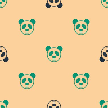 Yeşil ve siyah panda yüzü simgesi bej arka planda izole edilmiş kusursuz desen. Hayvan sembolü. Vektör.