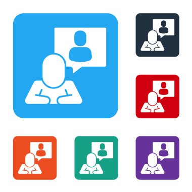 Beyaz kafa avlama ikonu beyaz arka planda izole edildi. İş hedefi ya da İstihdam tabelası. İş için insan kaynakları ve adam toplama. Renkli kare düğmelerle simgeleri ayarla. Vektör.