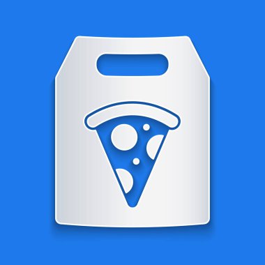 Kağıt kesiği Online sipariş ve hızlı pizza dağıtım ikonu mavi arka planda izole edildi. Kağıt sanatı tarzı. Vektör.