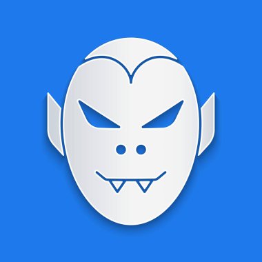 Kağıt kesiği vampir ikonu mavi arka planda izole edilmiş. Mutlu Cadılar Bayramı Partisi. Kağıt sanatı tarzı. Vektör.