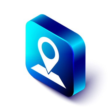 Beyaz arkaplanda Isometric Harita pin simgesi izole edildi. Navigasyon, işaret, konum, harita, GPS, yön, yer, pusula, arama konsepti. Mavi kare düğme. Vektör.