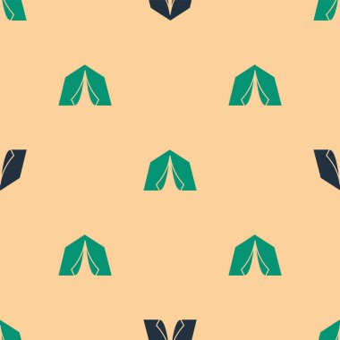 Yeşil ve siyah turist çadırı simgesi bej arka planda izole edilmiş pürüzsüz desen. Kamp sembolü. Vektör.