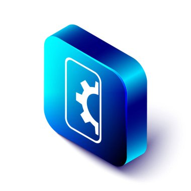 Isometric Yazılım, Web Geliştirme, programlama konsepti simgesi beyaz arkaplanda izole edildi. Mobil ekranda programlama dili ve program kodu. Mavi kare düğme. Vektör.