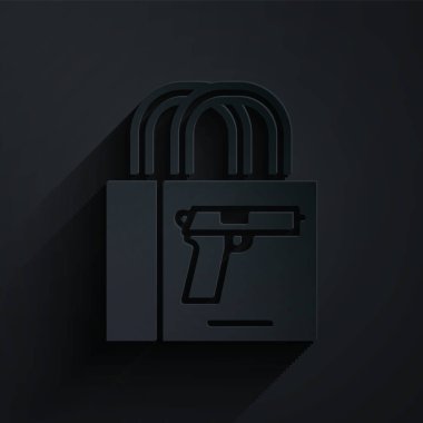 Kağıt kesiği, siyah arkaplanda izole edilmiş silah tabancası ikonu. Silah satın alıyorum. Kağıt sanatı tarzı. Vektör.
