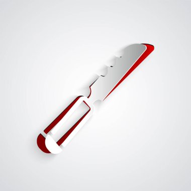 Kağıt kesiği ekmek bıçağı simgesi gri arkaplanda izole edilmiş. Çatal bıçak sembolü. Kağıt sanatı tarzı. Vektör.