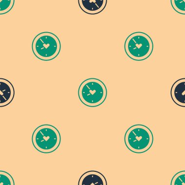 Kalp ikonuna sahip yeşil ve siyah saat bej arka planda kusursuz desen izole etti. Sevgililer Günü. Aşk sembolü. Vektör.