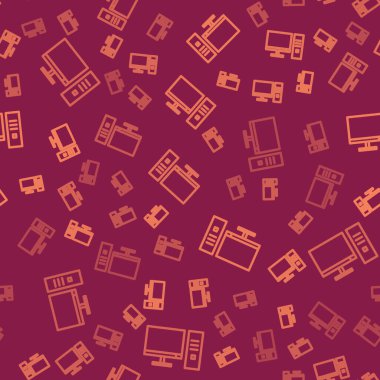 Kahverengi çizgi bilgisayar monitörü simgesi kırmızı arkaplanda izole edilmiş. Bilgisayar bileşeni işareti. Vektör İllüstrasyonu.