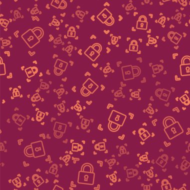 Kilit simgesine sahip kahverengi çizgi parmak izi kırmızı arka planda izole edilmiş. Kimlik uygulaması simgesi. Kimlik işareti. Kimliğe dokun. Vektör.