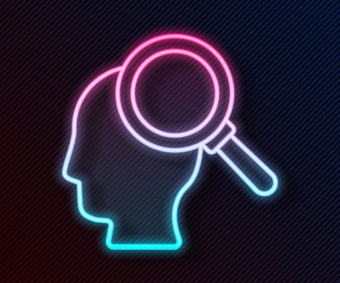Parlayan neon hattı siyah arkaplanda izole edilmiş psikoloji ikonunda bir sorun buluyor. Vektör.