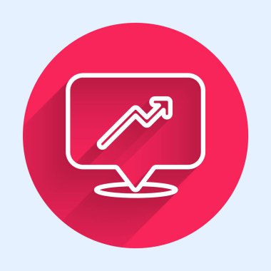 Beyaz çizgi grafiği, çizelgesi, çizelgesi, diyagramı, bilgi grafiği, uzun gölgeli turta grafik simgesi. Kırmızı daire düğmesi. Vektör.