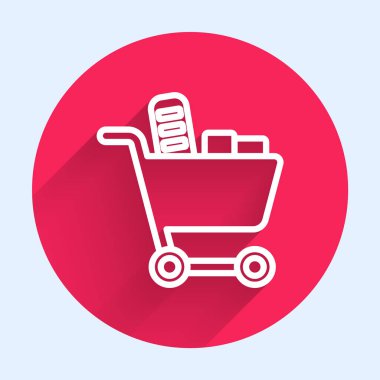 Beyaz çizgi alışveriş arabası ve uzun gölgeli yiyecek ikonu. Yiyecek dükkanı, süpermarket. Kırmızı daire düğmesi. Vektör.