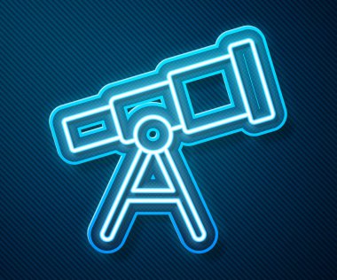 Parlayan neon hattı Teleskop simgesi mavi arkaplanda izole edildi. Bilimsel bir alet. Eğitim ve astronomi elementi, dürbün ve çalışma yıldızları. Vektör.