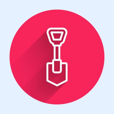 Beyaz çizgi kürek ikonu uzun gölgeli izole edilmiş. Bahçe aletleri. Bahçecilik, tarım, çiftçilik aleti. Kırmızı daire düğmesi. Vektör.