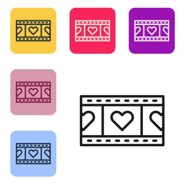 Beyaz arkaplanda kalp ikonu olan siyah çizgi Play Videosu. Film şeridi tabelası. Renkli kare düğmelerle simgeleri ayarla. Vektör.