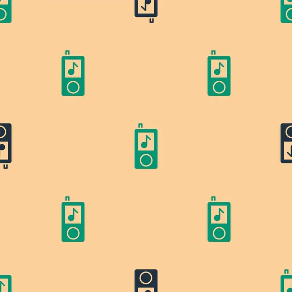 Зеленый Черный Иконки Музыкального Проигрывателя Изолированы Узором Печати Бежевом Фоне — стоковый вектор