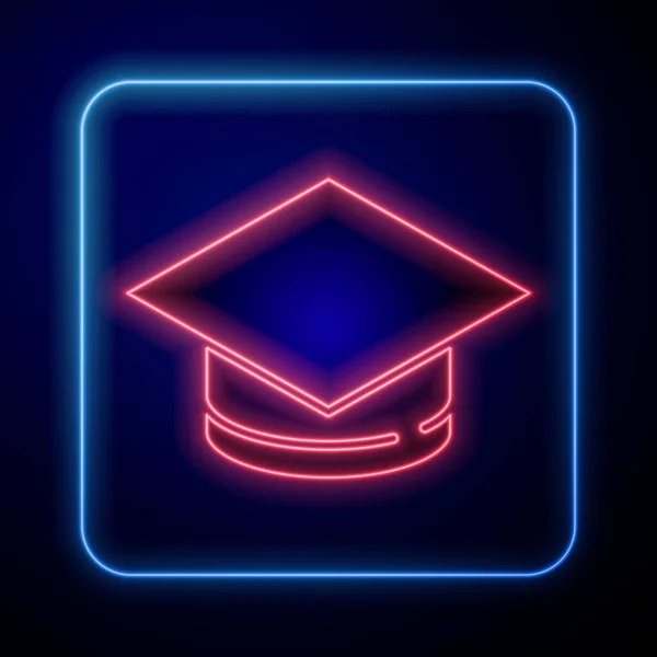 ネオンの輝き青の背景に隔離された卒業キャップアイコン タッセルアイコンで卒業帽子 ベクトル — ストックベクタ