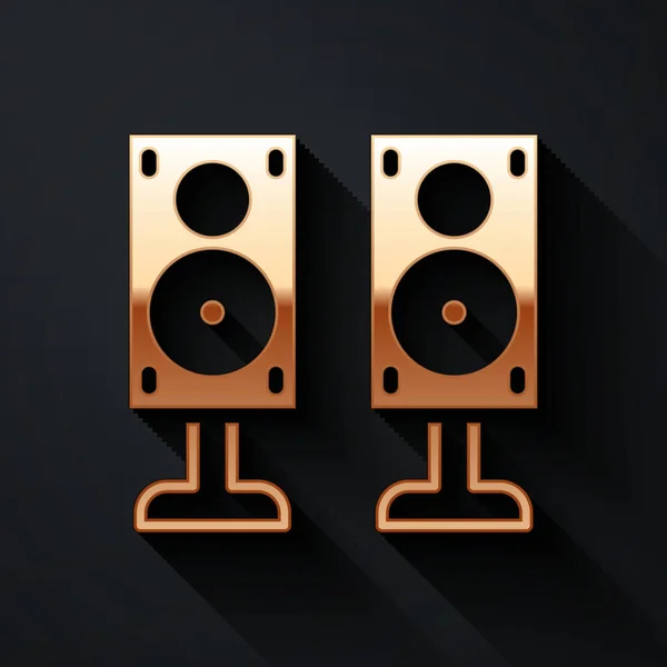 Gold Stereo speaker icon isolated on black background. Sound system speakers. Music icon. Musical column speaker bass equipment. Long shadow style. Vector.