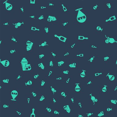 Şampanya şişesi, alkol barının konumu, kokteyl karıştırıcısı ve kusursuz bir şablon. Vektör.