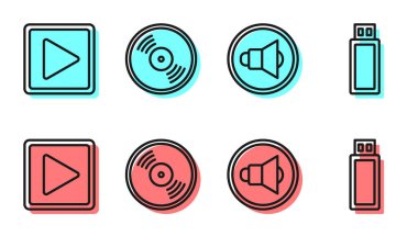 Satır Hoparlör hacmini ayarla, kare olarak oynat, Vinil disk ve USB flash disk simgesi. Vektör.