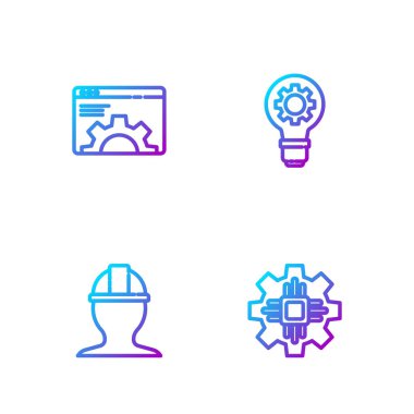 Hat işlemcisi, işçi kaskı, tarayıcı ayarı, ampul ve teçhizat ayarla. Renk simgeleri. Vektör.