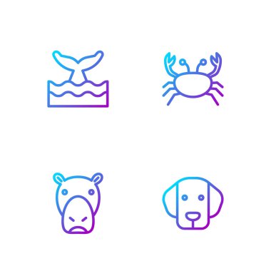 Hattı ayarla Dog, Hippo ya da Hippopotamus, Balina kuyruğu okyanus dalgası ve Yengeç. Renk simgeleri. Vektör.