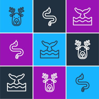 Geyik kafası boynuzları, okyanus dalgasında balina kuyruğu ve Yılan ikonu. Vektör.