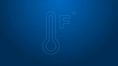 Beyaz çizgi Meteoroloji termometresi mavi arkaplanda izole edilmiş ısı ve soğuk ikonu ölçüyor. Sıcaklık Fahrenhayt. 4K Video hareketli grafik canlandırması