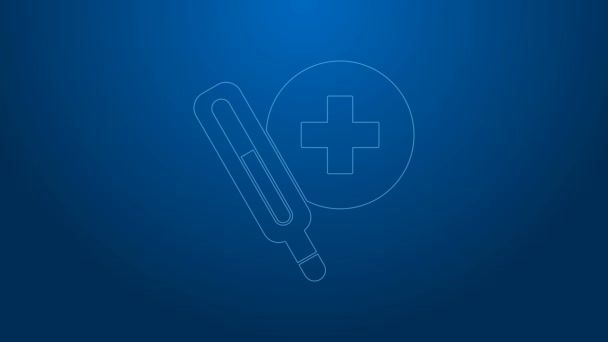 Fehér vonal Orvosi hőmérő orvosi vizsgálathoz ikon elszigetelt kék alapon. 4K Videó mozgás grafikus animáció — Stock videók
