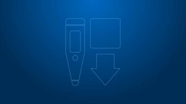 Línea blanca Termómetro digital médico para icono de examen médico aislado sobre fondo azul. Animación gráfica de vídeo 4K — Vídeo de stock