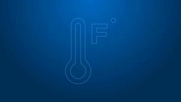 Ligne blanche Thermomètre météorologique mesurant la chaleur et l'icône froide isolé sur fond bleu. Température Fahrenheit. Animation graphique de mouvement vidéo 4K — Video