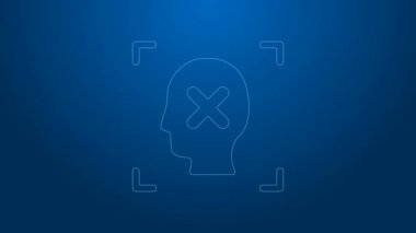 Beyaz çizgi Reddetme yüz tanıma simgesi mavi arkaplanda izole edildi. Yüz tanımlama simgesi. Yüz tanıma. Siber güvenlik kavramı. 4K Video hareketli grafik canlandırması